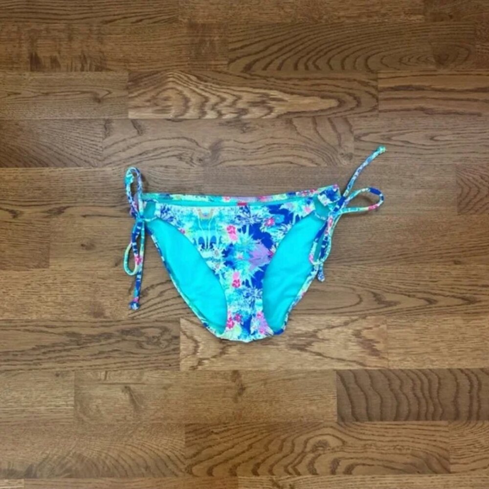 Victoria's Secret Bikini Bottom Swim XS Side Tie Aqua Blue Turquoise Floral Pink